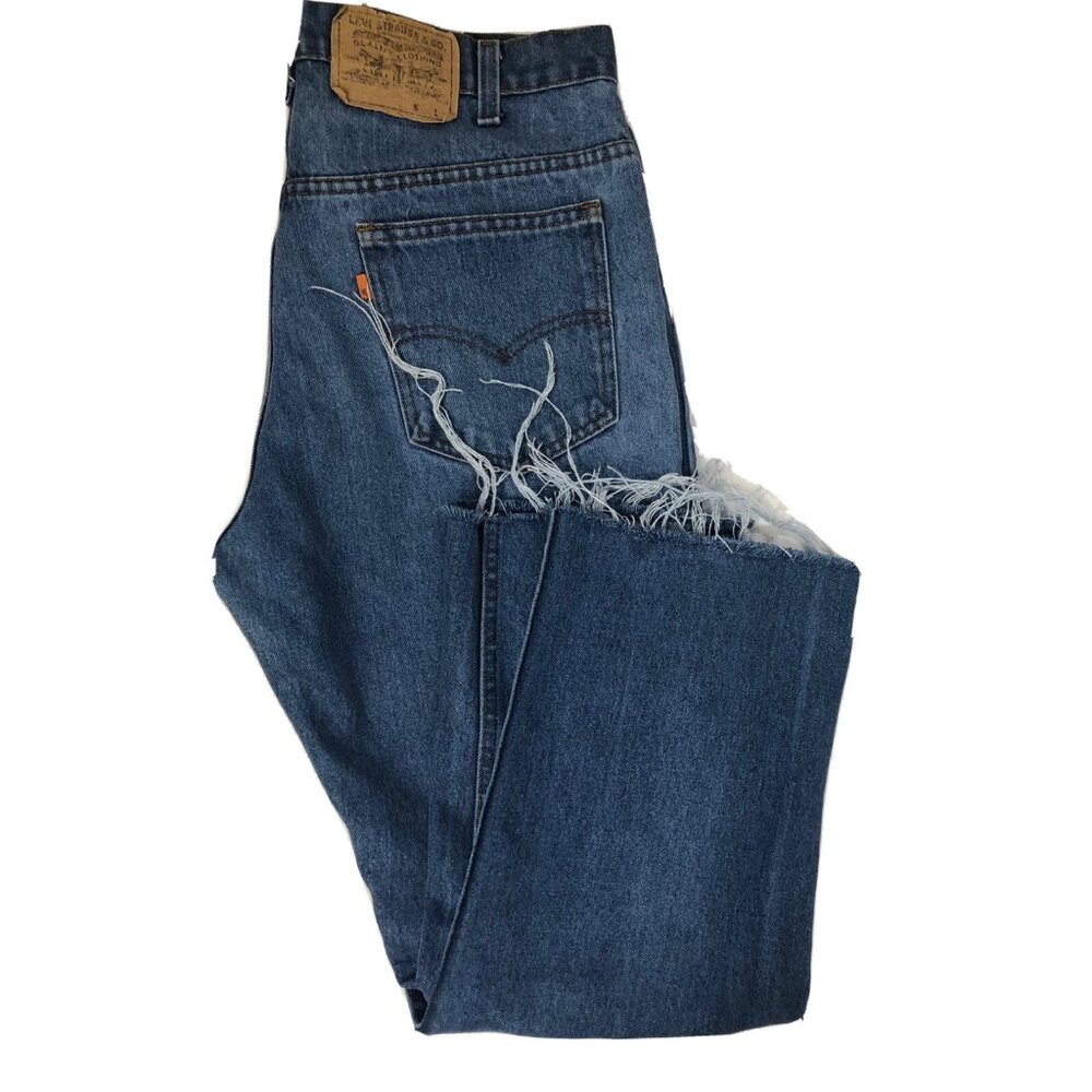 Vintage Levi Strauss Mens 70s 34x28 Blue Denim Jeans Cut Off Capri Orange Tab - Picture 1 of 7